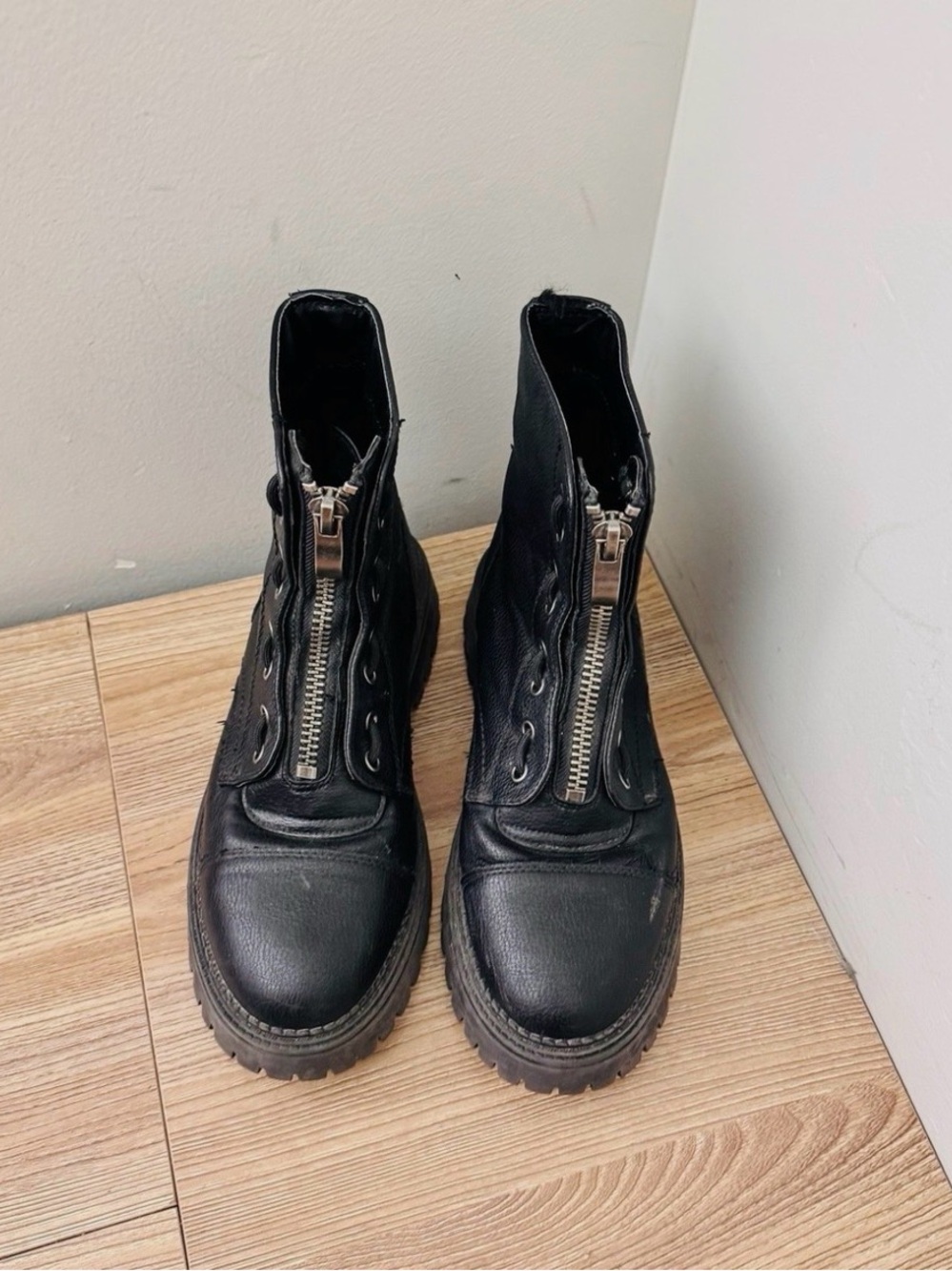 Sincerly Jules Black Front-Zip Leather Combat Boots